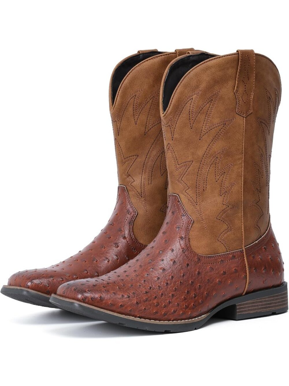 🆕Men's Brown Red Cowboy Boots Western Ostrich Wide Embroidered Pull On